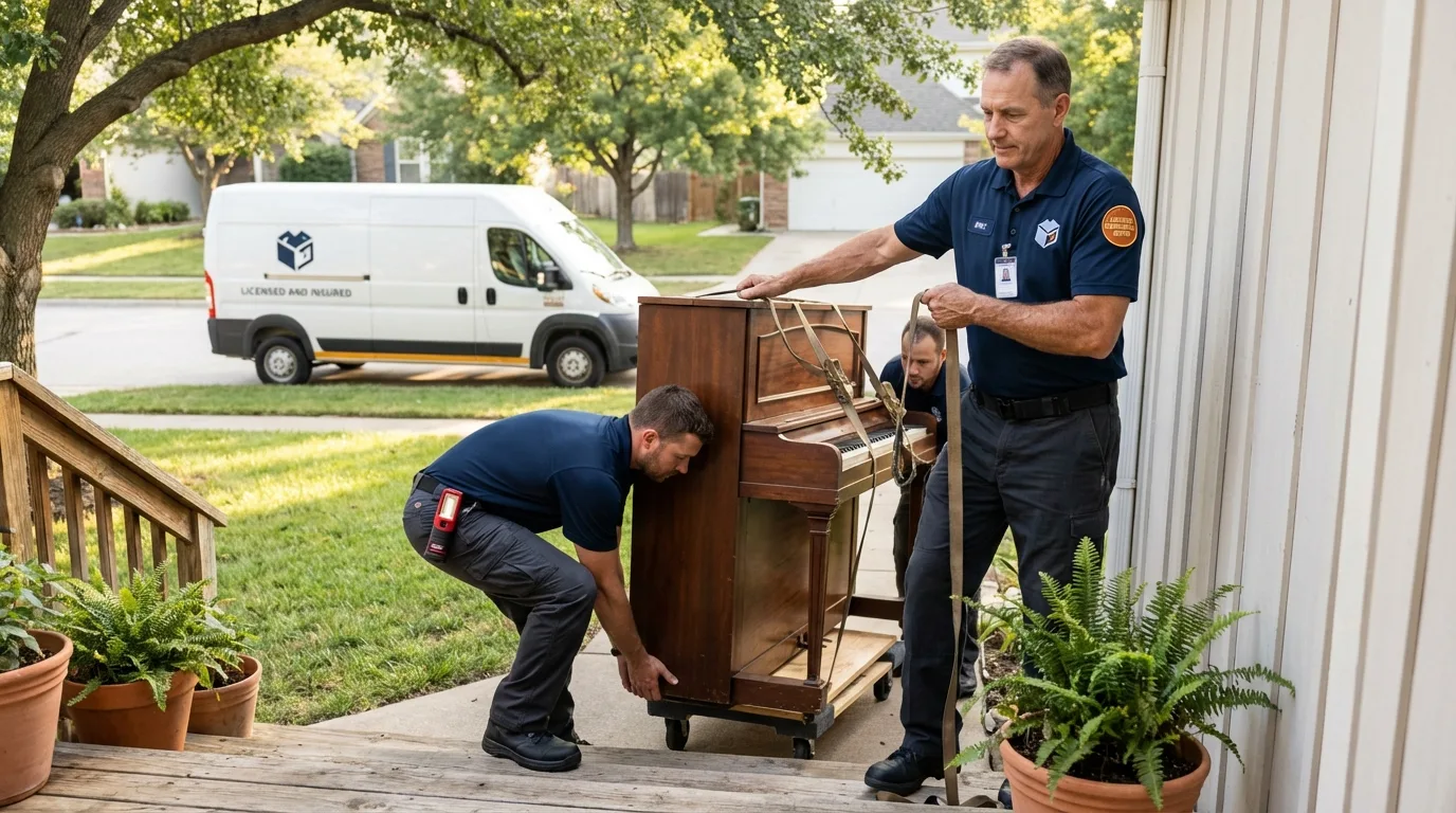 Licensed piano movers securing grand piano in Sandpoint, ID