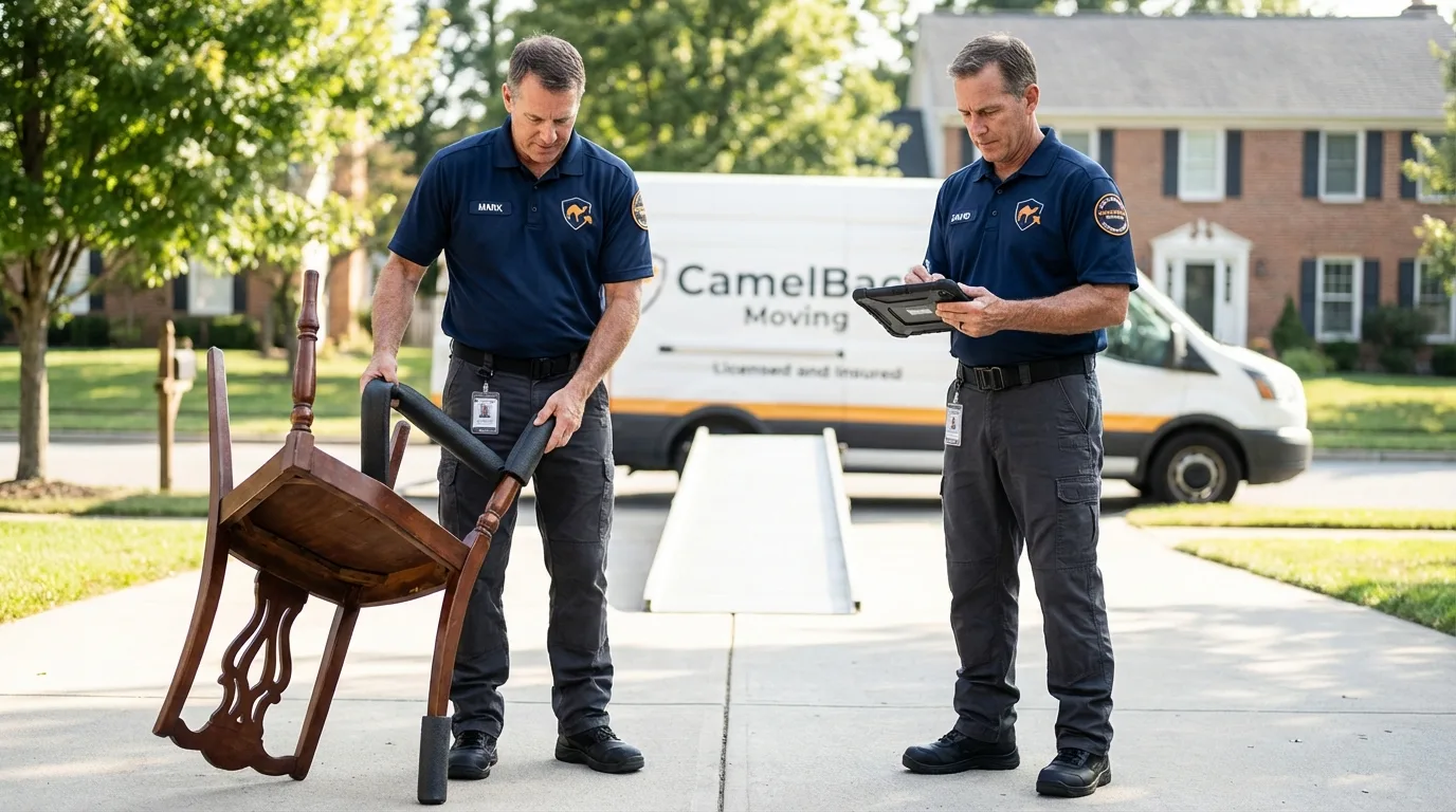 Movers inspecting furniture for damage prevention before loading in Sandpoint, ID